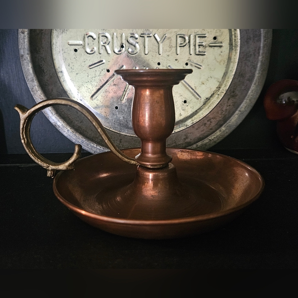 Vintage Copper & Brass Candlestick Holder w/ Finger Loop 4" tall